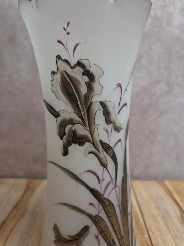 Antique Art Nouveau frosted enamel glass vase - iris decor – photo 8